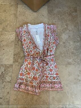 Veronica Beard Floral Wrap Romper in White with Orange & Green Print